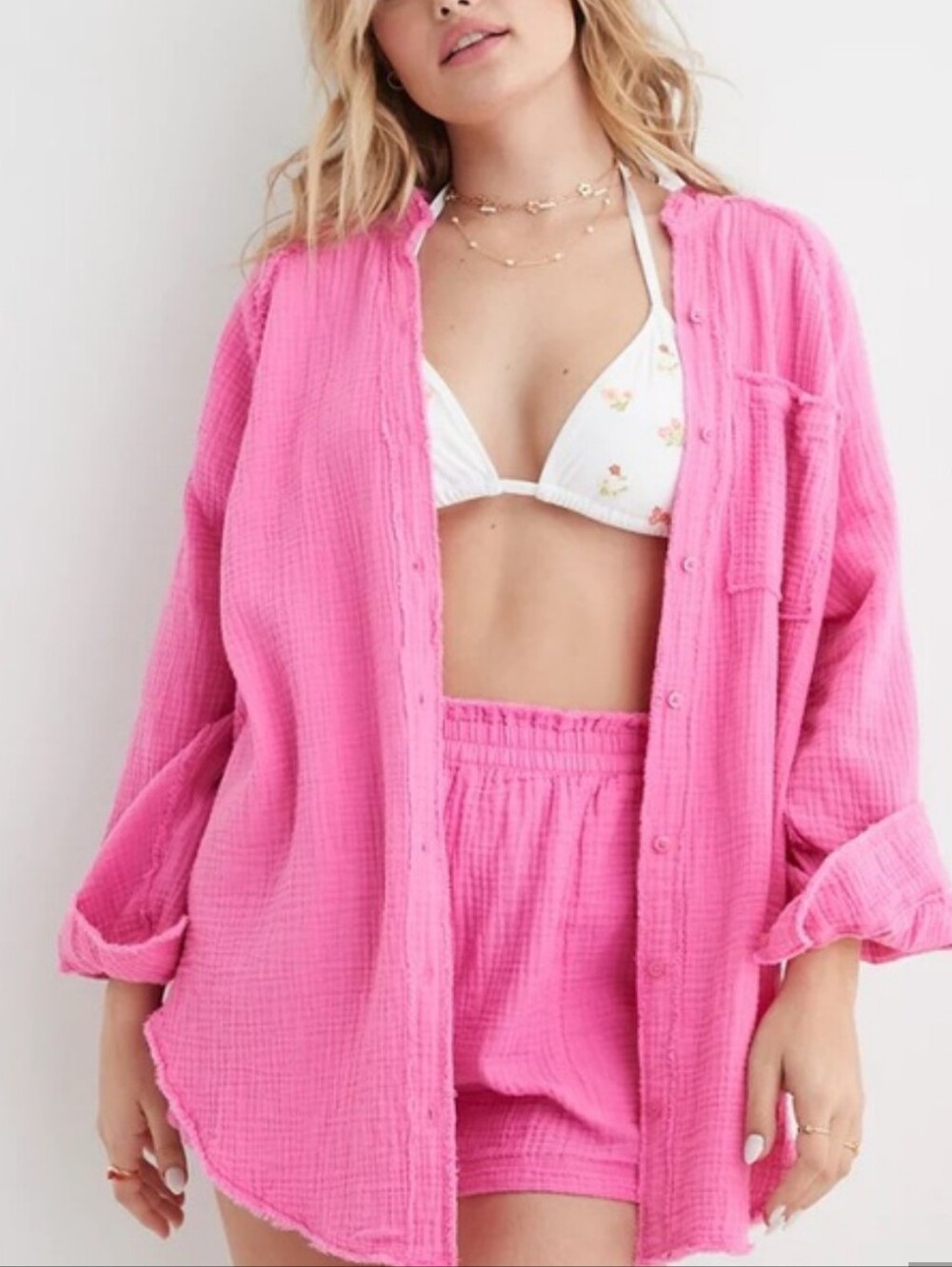 Aerie | Bright Pink Cotton Gauze Shirt | L